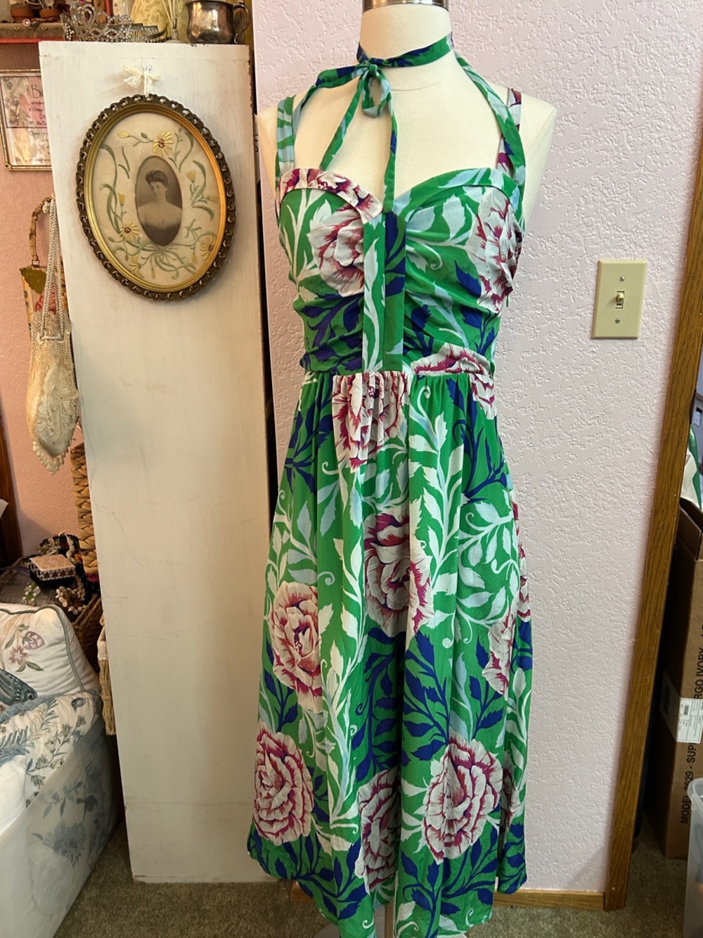 Moulinette Soeurs Green Floral Halter Midi Dress with Pink and Blue Flowers